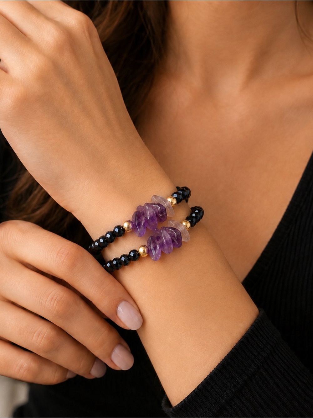 2-piece Set - Amethyst Chip & Black Bead Stretch Bracelets